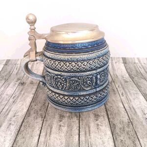 Vintage Gerz W Germany Lidded Beer Stein Cobalt Blue Lion Relief Stoneware